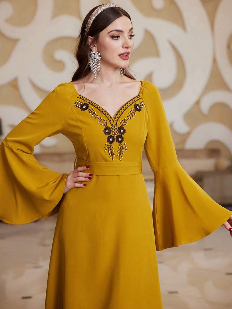 Women's Floral Embroidery Bell Sleeve Belted Jalabiya Dress, Elegant Evening Party Dress Fall Cloth For Women