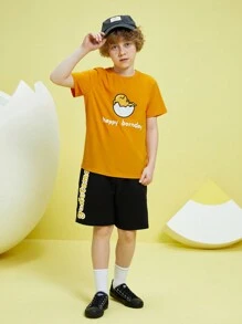 Gudetama X SHEIN Tween Boy Cartoon Graphic Tee And Shorts Set - White - View 1