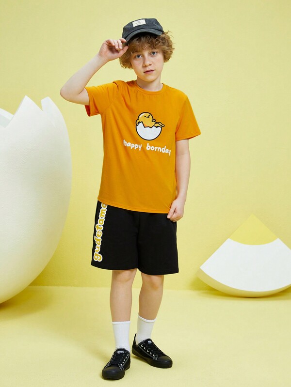 Gudetama X SHEIN Tween Boy Cartoon Graphic Tee And Shorts Set