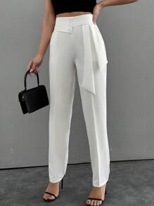 EURMUSE Mujeres Pantalones Blancos Elegantes Con Detalles En La Cintura - Blanco - Ver 3