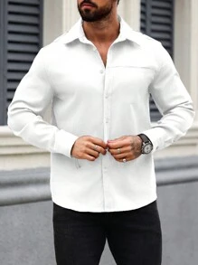 Manfinity Homme Men's Solid Color Long Sleeve Shirt, Fall - White - View 7