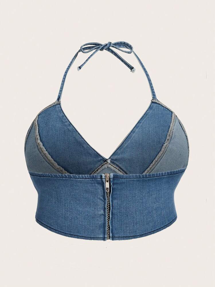 Casual Plus Size Women's Denim Top With Halter Tie