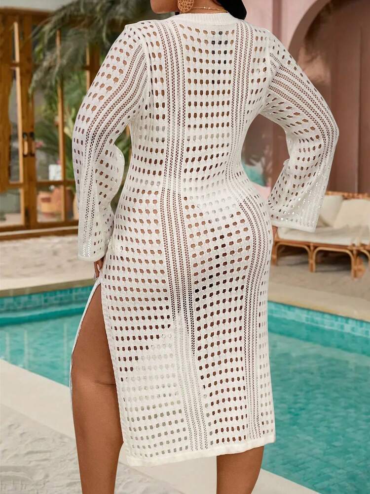 Plus Size Hollow Out Split Knitted Sweater Dress, No Waist Belt Included Fall Cloth For Women