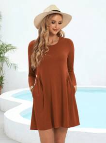 Tshirt Dresses For Women Casual Dress For Women Loose Tunic Pleated Long Sleeve T Shirt Dress For Women With Pockets Simple Sundresses Printed Party Mini Flowy Cute Brown Solid - Rust Brown - View 1
