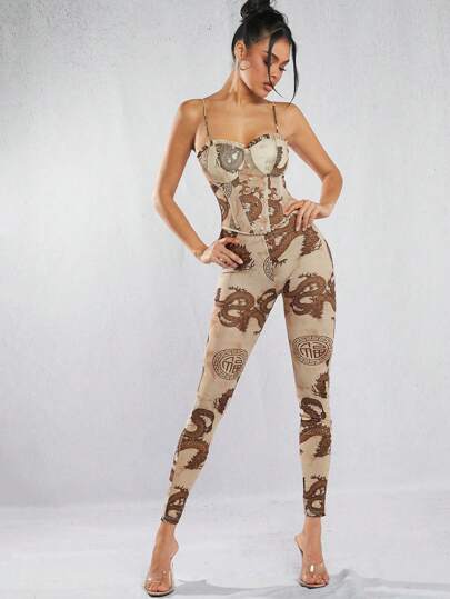 Hauture 女士風龍紋束胸無肩帶連體短衣褲