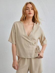 Ocili Leisure Striped Wrap Tie Detail Lounge Top - Khaki - View 1