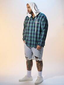 Manfinity VCAY Camisa De Manga Larga Con Capucha Y Cordón Con Bloques De Colores De Talla Grande Para Hombre, Con Estampado A Cuadros Y Lema - Verde - Ver 4