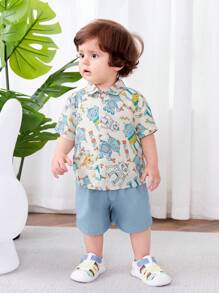SHEIN Leap Crew Baby Boys' Cute Cartoon Robot Pattern Turn-Down Collar Short Sleeve Shirt And Casual Shorts Set - Multicolor - View 3