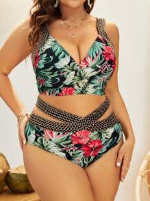 SHEIN Swim Curve 夏季大码热带印花拼布泳衣套装 - 彩色 - 查看 3