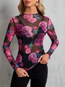 SHEIN Clasi Ladies' Stand Collar Sheer Floral Print Long Sleeve Blouse - Hot Pink - View 3