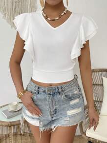 Breezaya Camiseta Corta De Hombro Descubierto Y Detalles De Volantes Para Mujer De Color Sólido - Blanco - Ver 5