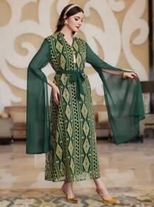 Layrah 全印花几何刺绣斗篷袖腰带长袍连衣裙，带缺口领口，优雅奢华晚会风格 - 綠色 - 查看 3