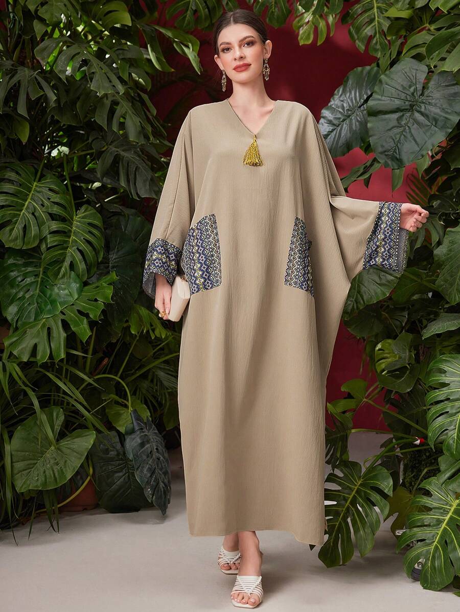Al Najma Print Patchwork Double Pockets Batwing Sleeve Dress Kaftan Jalabiya Dress - Apricot - View 1