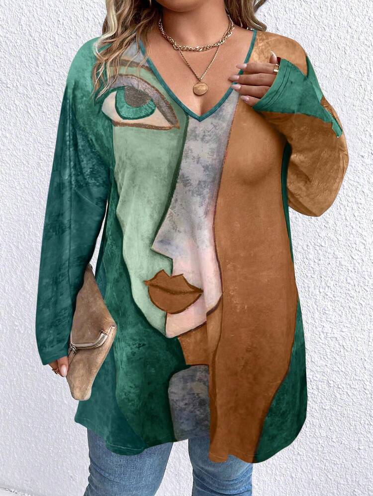 Plus Size Loose Abstract Print V-Neck Long Sleeve Graphic T Shirt