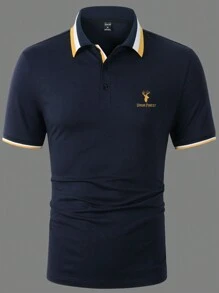 Manfinity Homme 男士對比字母和鹿紋圖案polo衫 - 藏蓝色 - 查看 3