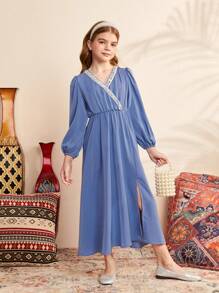 SHEIN Vestido Elegante Com Decote Em V Solto E Cinto De Tecido Para Meninas Adolescentes - Azul - Ver 5