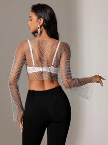 SHEIN Unity 女士短款長袖上衣,鑲有鑽石裝飾 - 銀色 - 查看 2