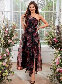 SHEIN Clasi Của phụ nữ Hoa Một bờ vai Váy không tay - Nhiều màu - Xem 4