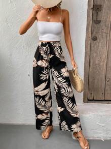 SHEIN Frenchy Pantaloni A Vita Alta Con Cintura In Stampa Tropicale Di Piante Per Donna