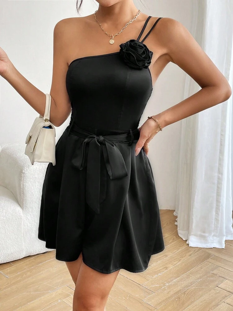 Solid Color One Shoulder Floral Detail High Waist Romper