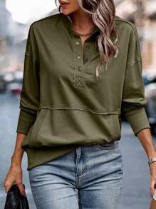 SHEIN LUNE Half Button Drop Shoulder Kangaroo Pocket Sweatshirt - Army Green - View 6