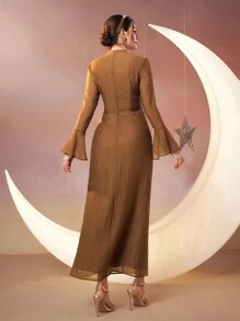 Modelyn Damen Arabisch inspiriertes langes Abendkleid mit Knopfverzierung und weiten Glockenärmeln, Lange Abendkleider - Braun - Übersicht 2