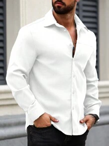 Manfinity Homme Men's Solid Color Long Sleeve Shirt, Fall - White - View 6