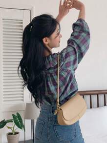 DAZY 女式格纹长袖衬衫，荷叶边领口，秋季格子服装