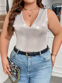 Celure Kích thước lớn Của phụ nữ Cổ chữ V Không tay Áo liền quần chặt - Bạc - Xem 4