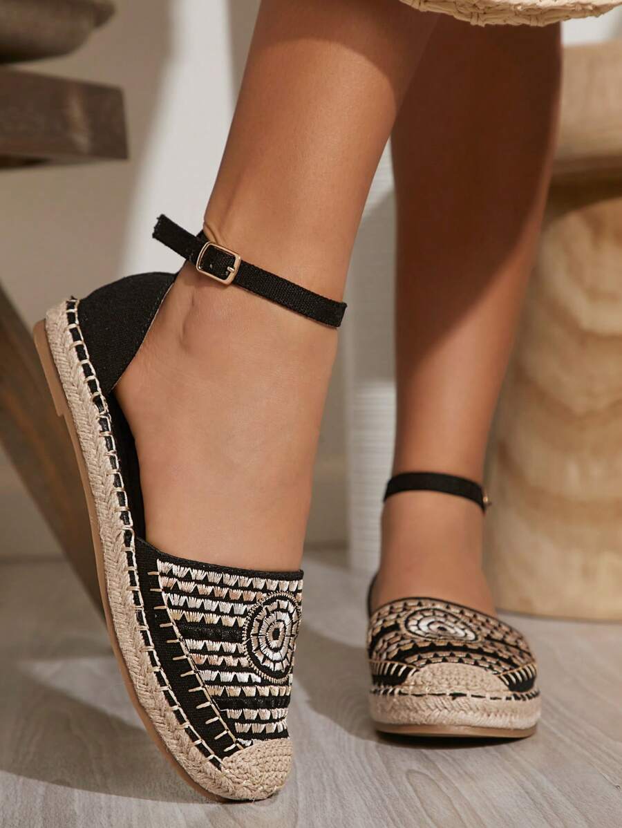 SHUZIA Giày bệt đế tròn thêu họa tiết Boho cho nữ bằng da lộn Espadrille màu đen - Phong cách & Thoải mái - màu đen - Xem 1