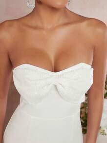 SHEIN Unity 亮片蝴蝶结筒形鱼尾下摆连衣裙 - 白色 - 查看 3