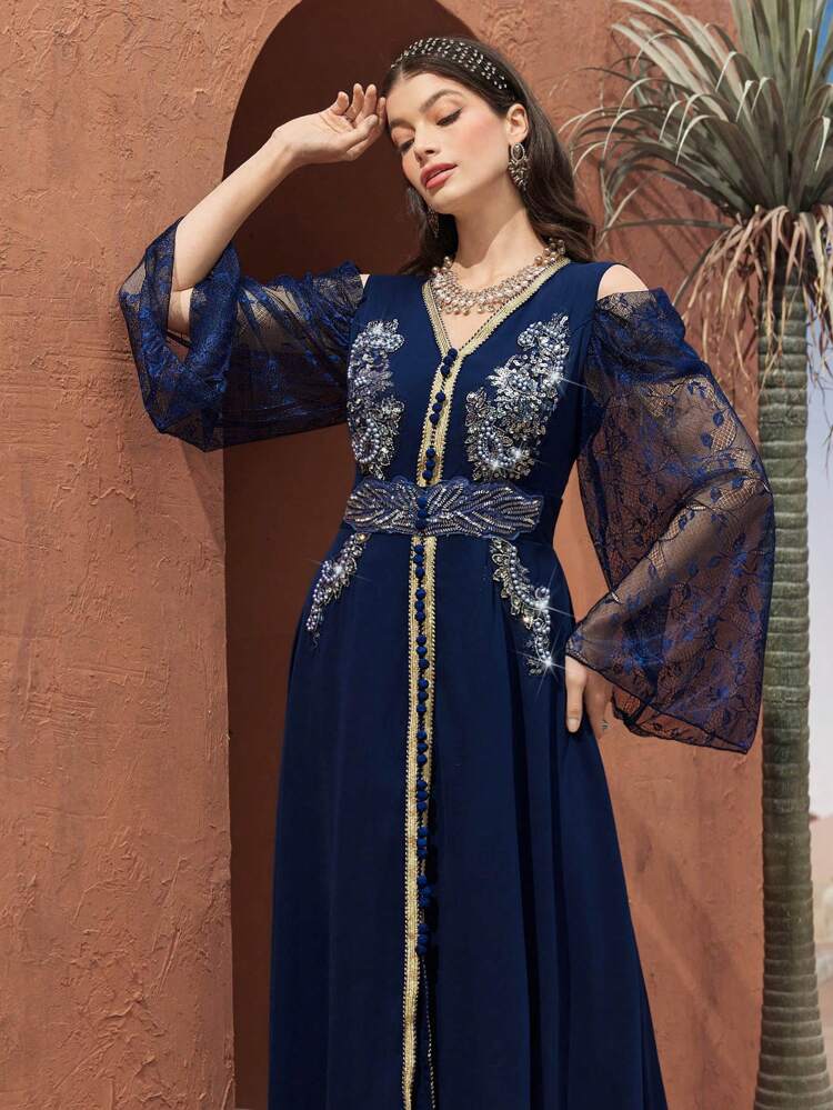 Women's Lace Open Shoulder Long Sleeve Arabic Traditional Dress With Woven Belt Kaftan Jalabiya Dress