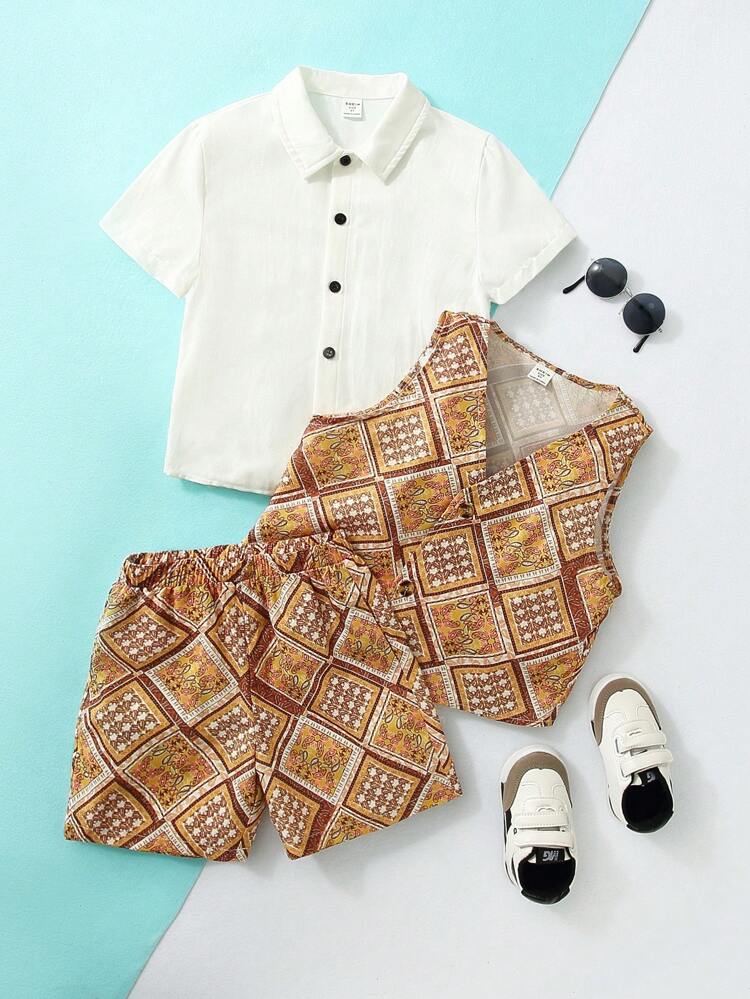 3pcs/Set Young Boy Formal Suit, Including Paisley Collar Short Sleeve Shirt, Waistcoat With Cashew Print, And Shorts