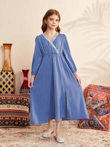 SHEIN Vestido Elegante Com Decote Em V Solto E Cinto De Tecido Para Meninas Adolescentes - Azul - Ver 1