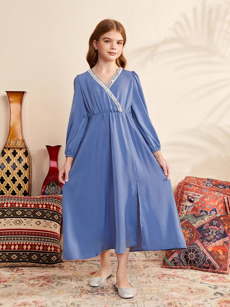 SHEIN Vestido Elegante Com Decote Em V Solto E Cinto De Tecido Para Meninas Adolescentes - Azul - Ver 1