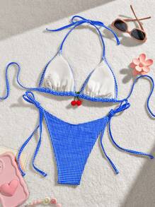 SHEIN Swim 夏日海灘格紋印花V領頸吊帶比基尼套裝，分離式設計 - 寶藍色 - 查看 2