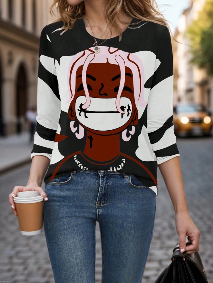 INAWLY Cartoon Printed Long Sleeve Casual T-Shirt - Black and White - View 1