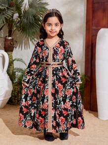 Young Girl Floral Printed Gold Ribbon V-Neck Dress - Multicolor - View 7