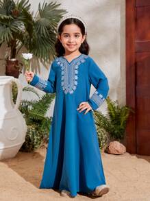 SHEIN Young Girl Patchwork Lace Straight Dress - Blue - View 4