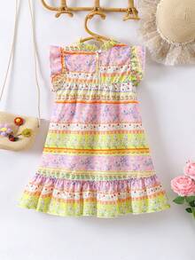 SHEIN 少女草原花卉印花連衣裙,搭配荷葉邊緣 - 彩色 - 查看 2