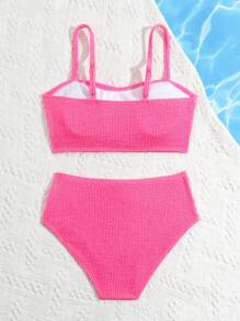 Conjunto de bikini textureado de unicolor para niña preadolescente, conjunto de bikini separado para playa de verano - Rosa Fucsia - Ver 2