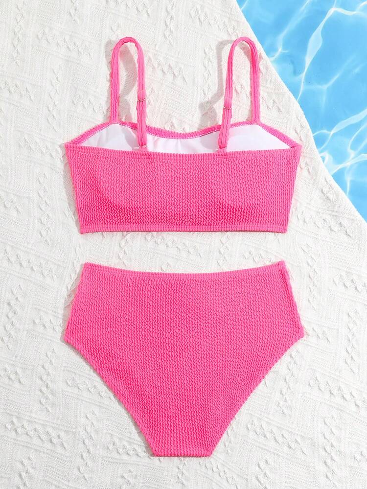 Conjunto de bikini textureado de unicolor para niña preadolescente, conjunto de bikini separado para playa de verano - Rosa Fucsia - Añade 2