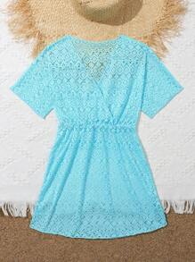 Tween Girls' Hollow Out Embroidered V-Neck Belted Cover Up Dress - Teal Blue - View 5