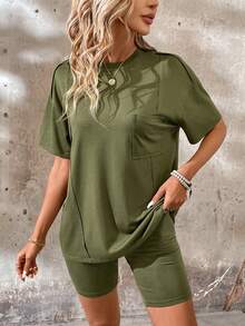 SHEIN LUNE 女士實色圓領垂肩短袖上衣和短褲套裝 - 軍綠色 - 查看 7