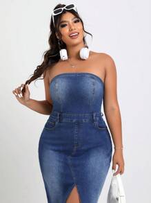 CovetEZ 大尺碼水洗分裂前無肩帶牛仔裙 - 藍色 - 查看 5