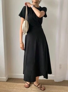 DAZY Conjunto de dos piezas para mujer con top de cuello redondo de unicolor y falda envolvente - Negro - Ver 5