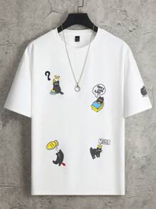 Claim Dot 男士卡通字母图案印花休闲短袖 T 恤，男友礼物 - 白色 - 查看 2