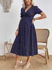 SHEIN Maternity Polka Dot Printed V-Neck Dress - Royal Blue - View 4