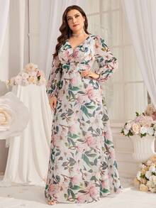大碼女性花卉印花燈籠袖阿拉伯服飾 - 彩色 - 查看 3