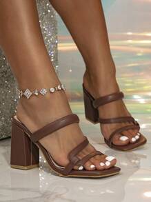 Women's High Heel Sandals, Brown Chunky Heel Slippers, Wedding Shoes, Block Heels, High Heels, Block Heel, Heels, Mules, Multi-Color Sandals - Chocolate Brown - View 7